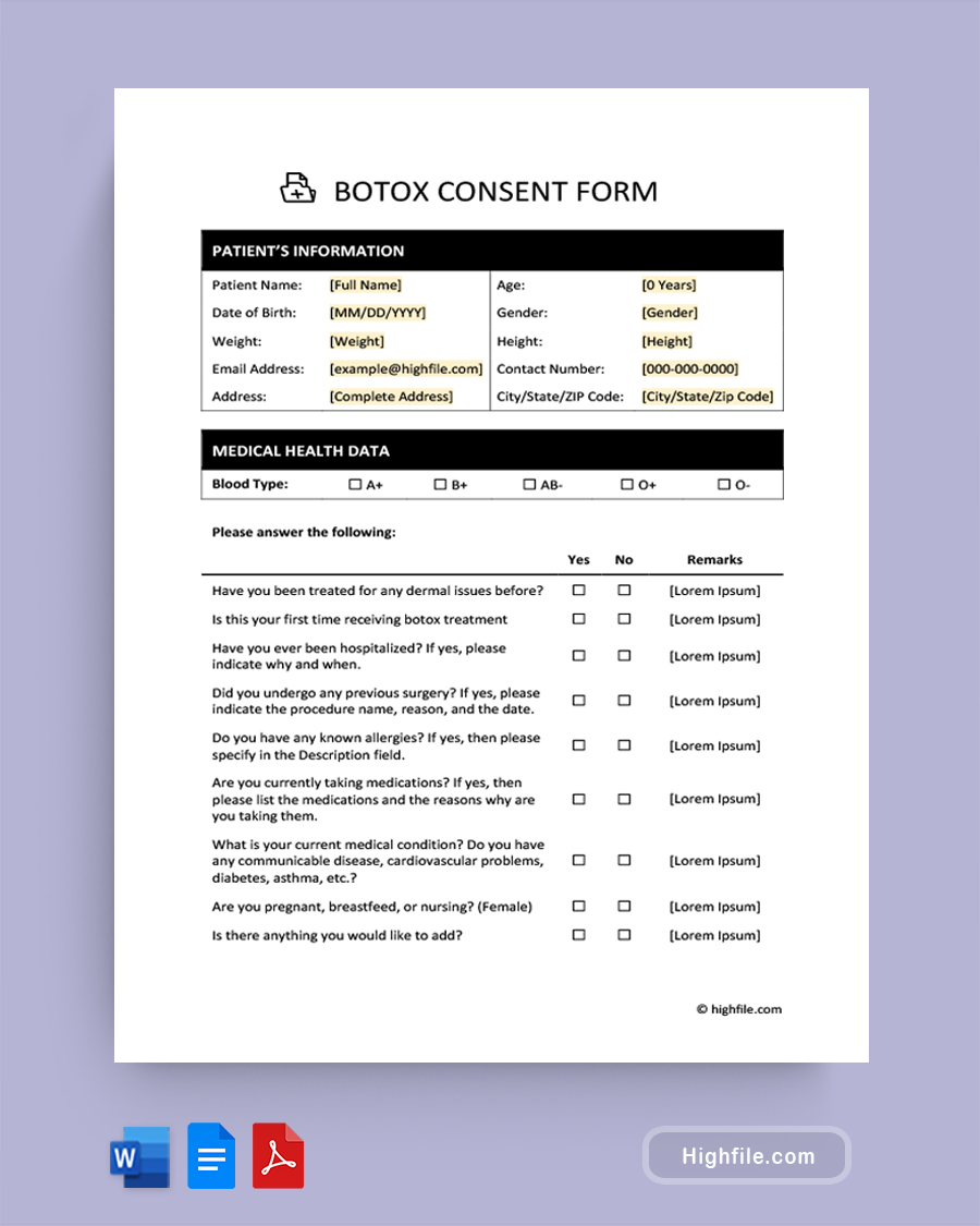 Botox Consent Form - Word, Google Docs, PDF