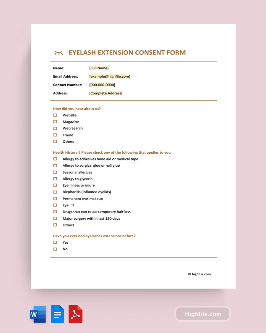 Eyelash Extension Consent Form - Word, Google Docs, PDF