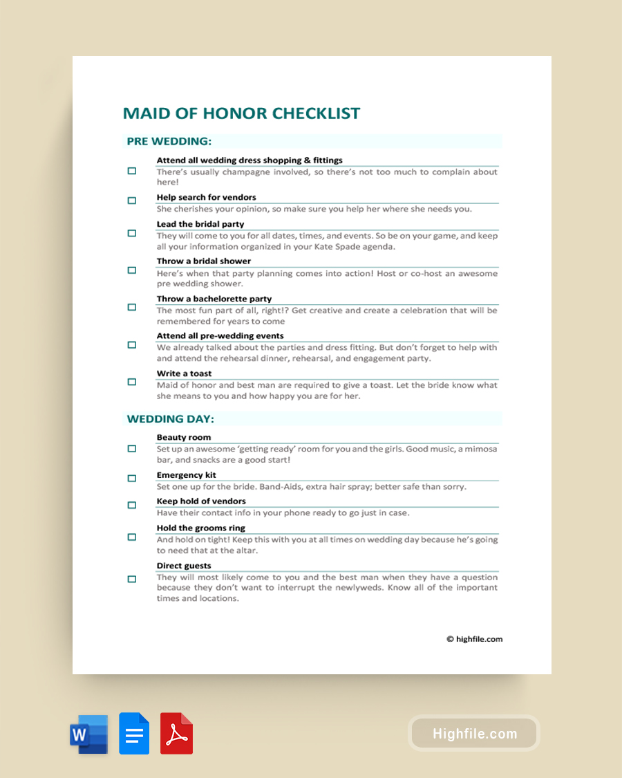 Maid of Honor Checklist - Word, Google Docs, PDF