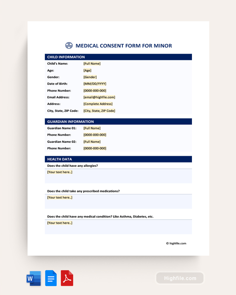 Medical Consent Form For Minor - Word, Google Docs, PDF
