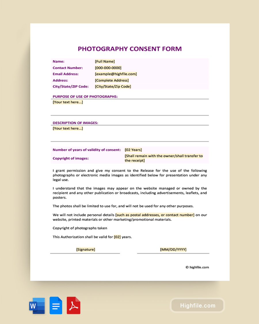 Photography Consent Form - Word, Google Docs, PDF