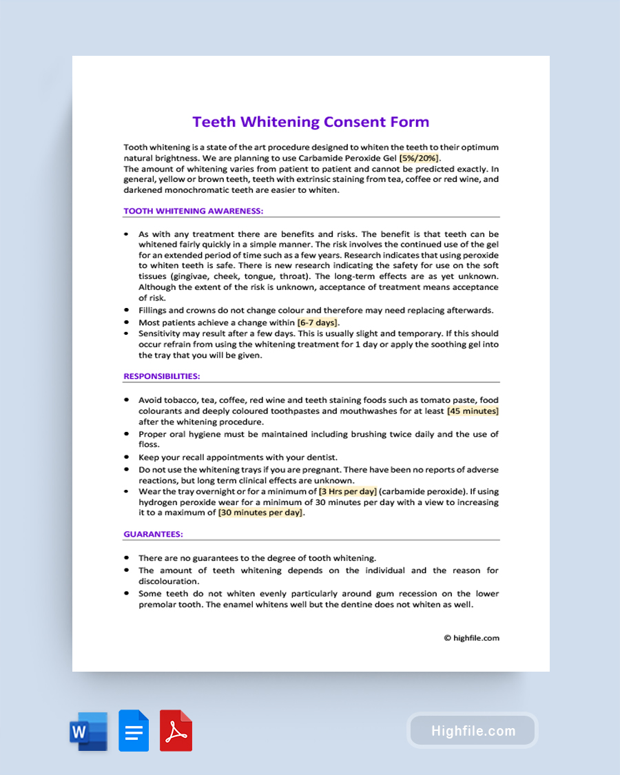 Teeth Whitening Consent Form - Word, Google Docs, PDF