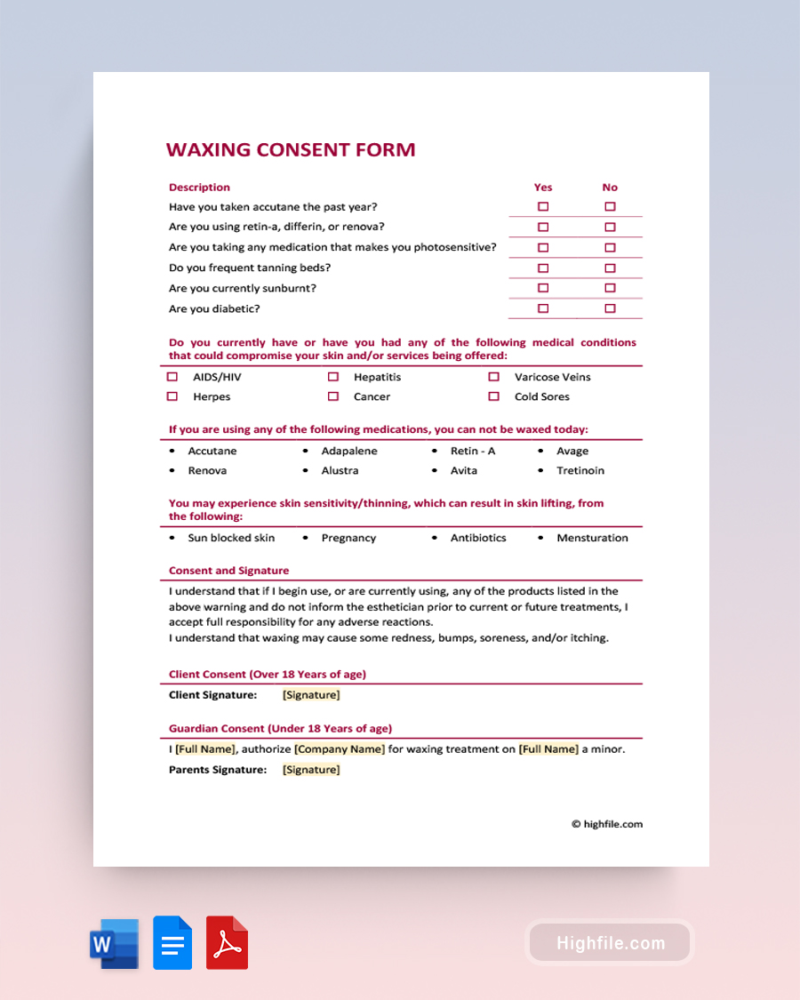 Waxing Consent Form - Word, Google Docs, PDF