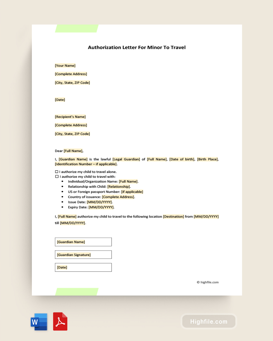 Authorization Letter for Minor to Travel - Word, PDF