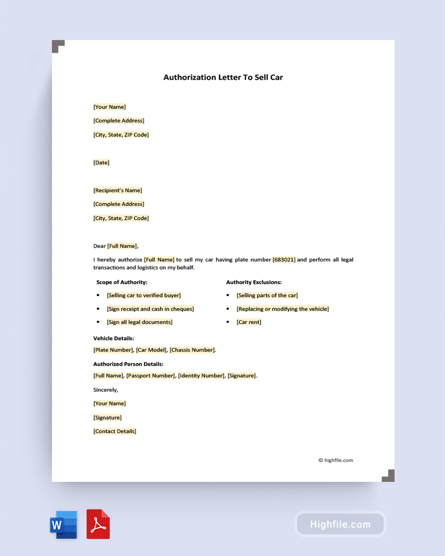 Authorization Letter to Sell Car on Someone Behalf - Word, PDF