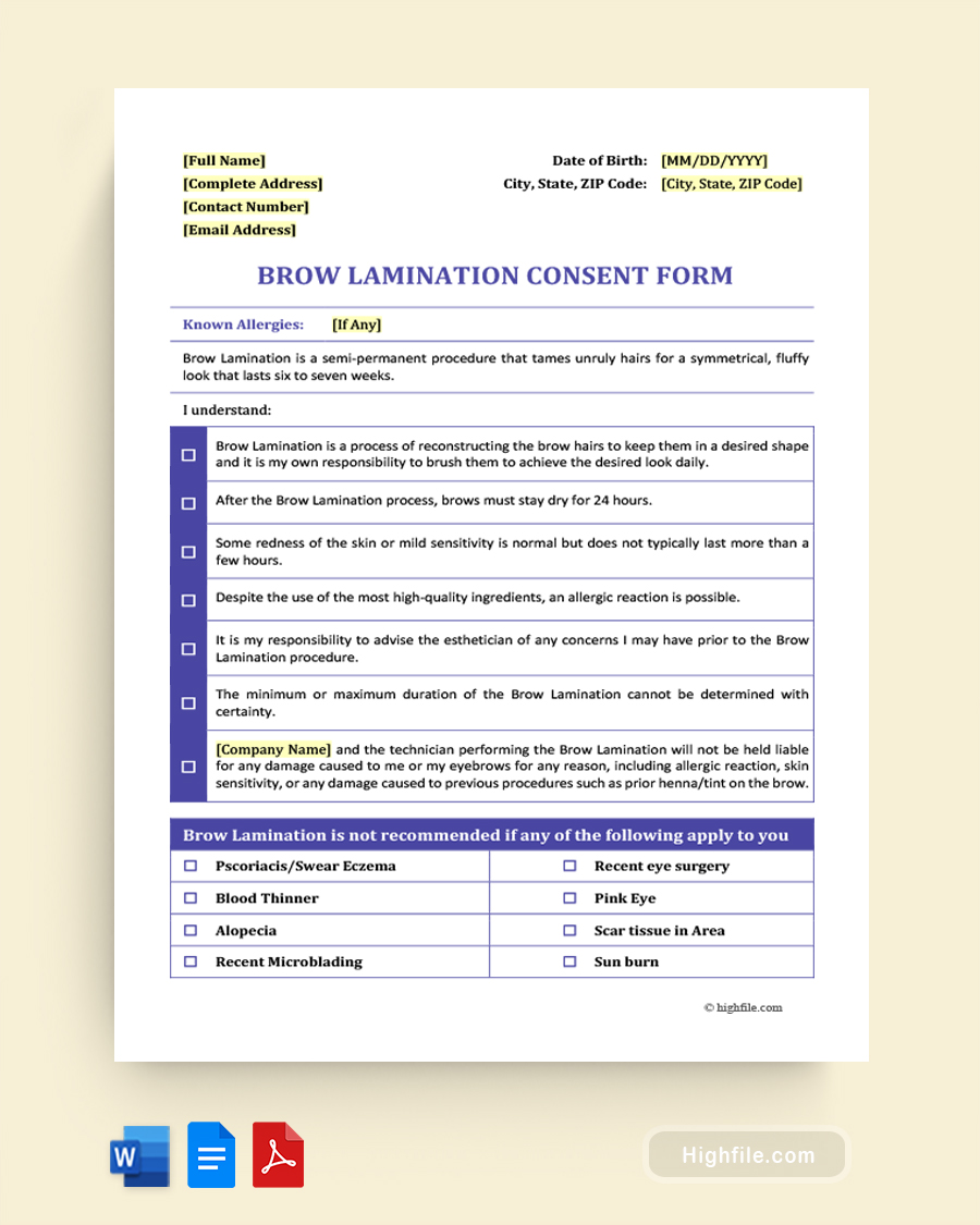 Brow Lamination Consent Form - Word, Google Docs, PDF
