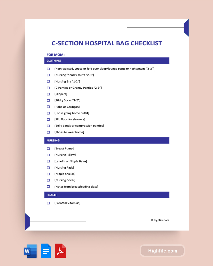 C-Section Hospital Bag Checklist - Word, Google Docs, PDF