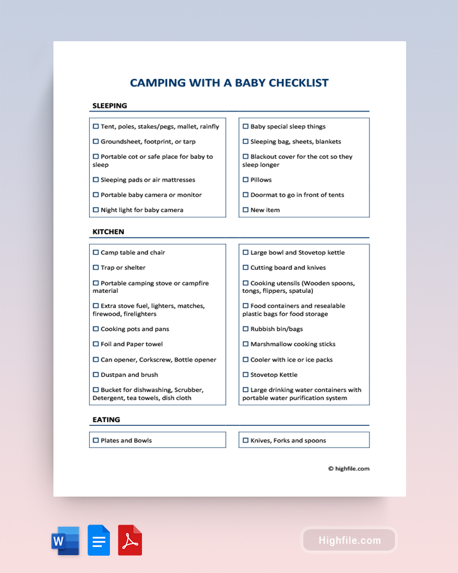 Camping with a Baby Checklist - Word, Google Docs, PDF