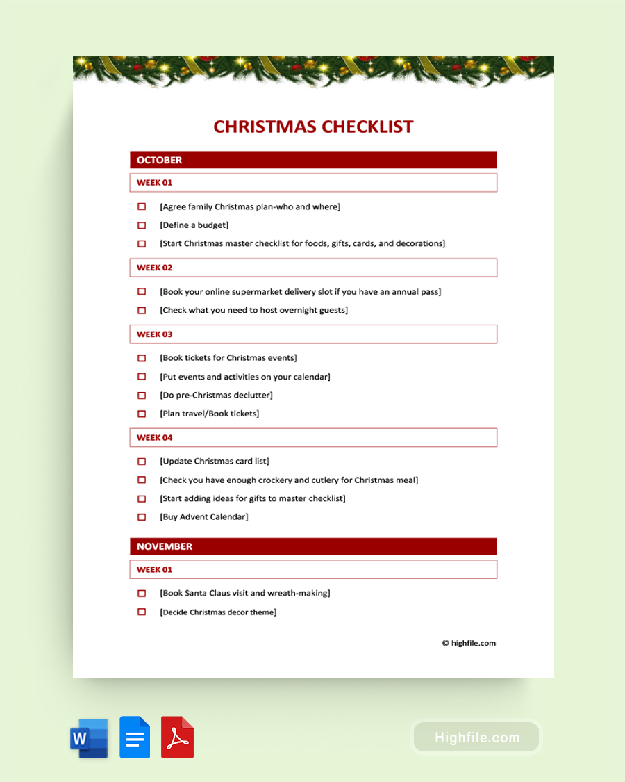 Christmas Checklist - Word, Google Docs, PDF