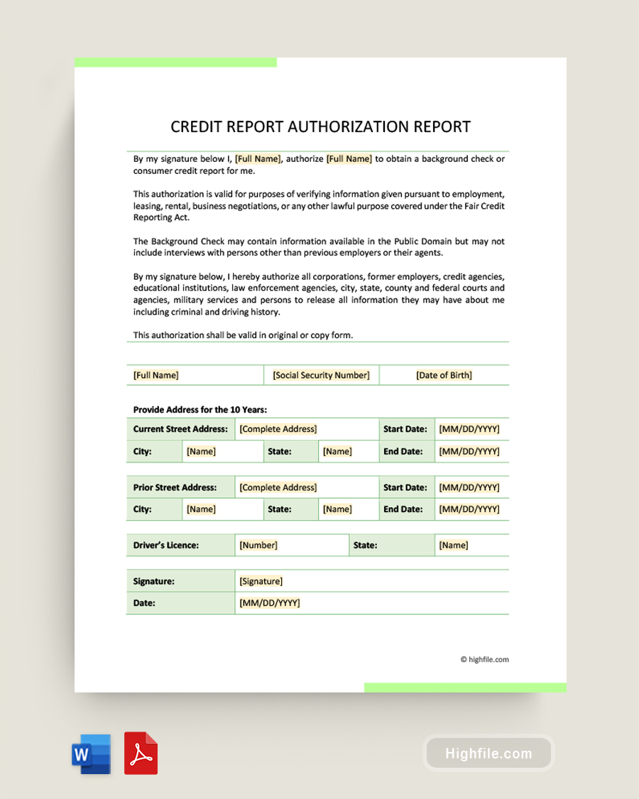 Credit Report Authorization Form - Word, PDF