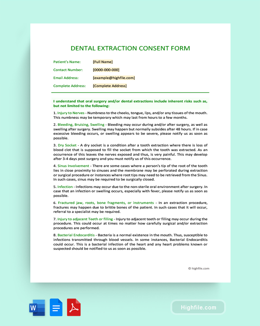 Dental Extraction Consent Form - Word, Google Docs, PDF