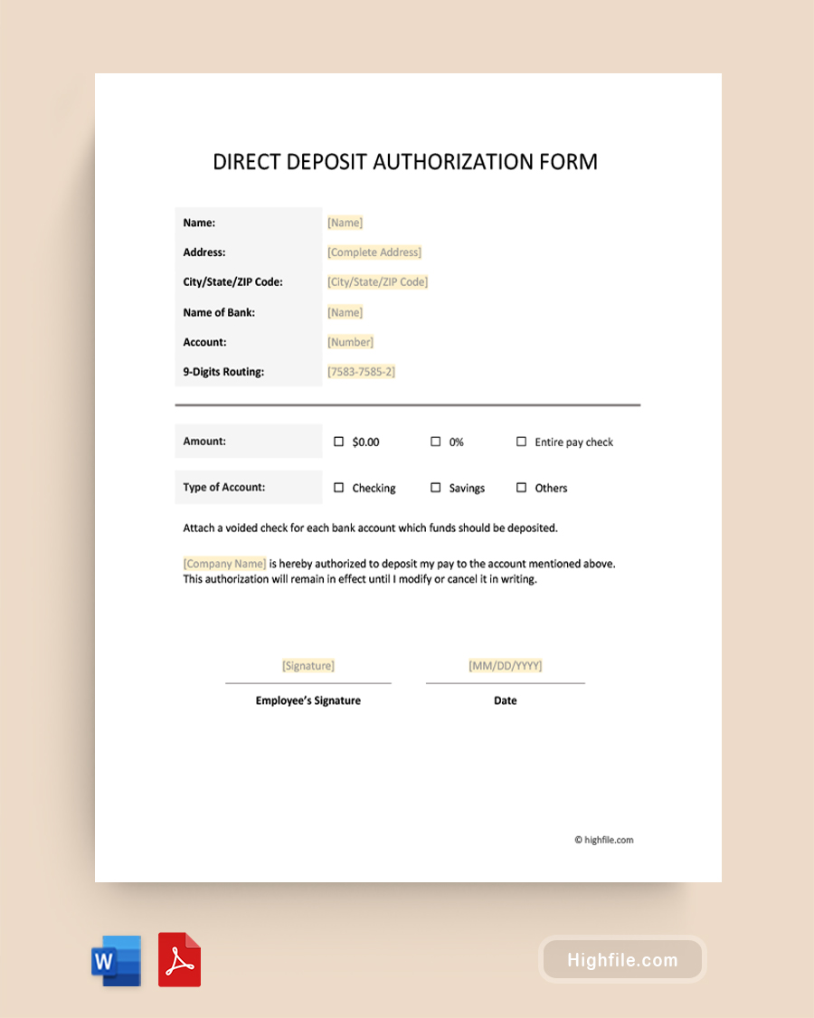 Direct Deposit Authorization Form - Word, PDF