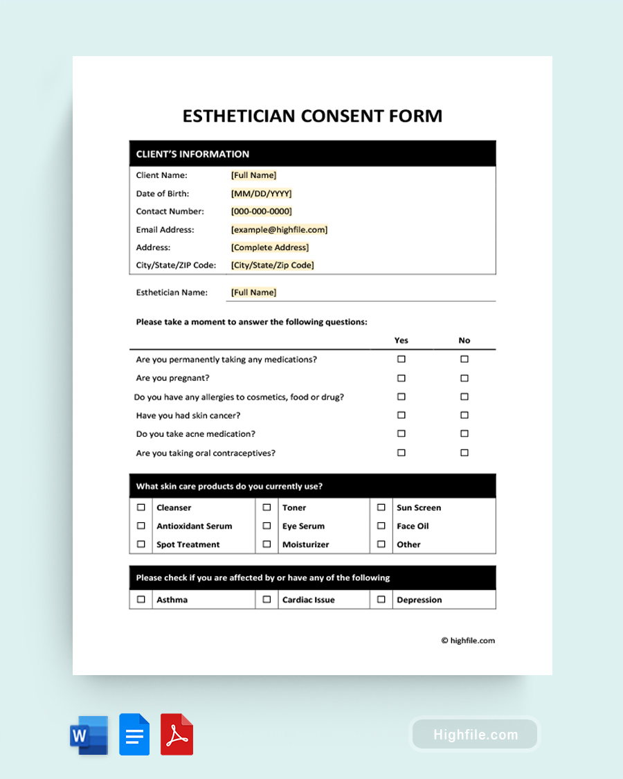 Esthetician Consent Form - Word, Google Docs, PDF
