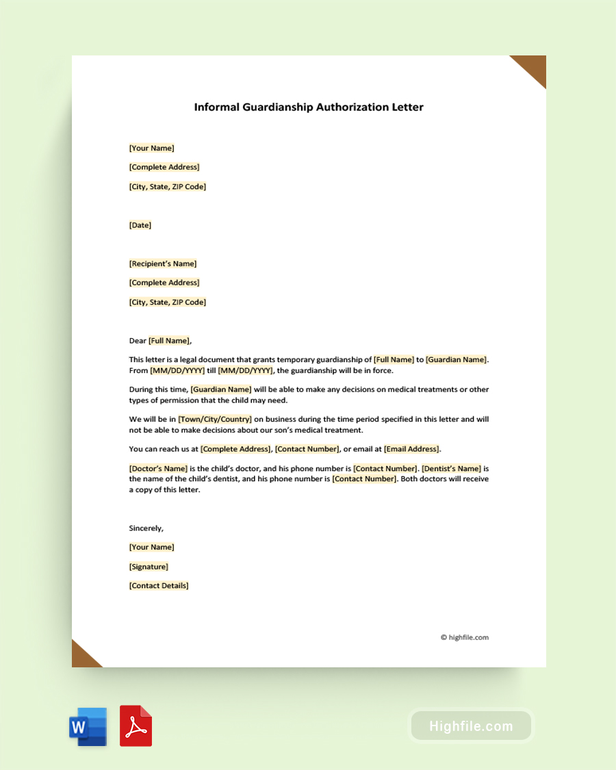 Informal Guardianship Authorization Letter - Word, PDF