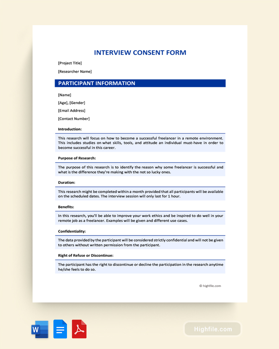 Interview Consent Form - Word, Google Docs, PDF