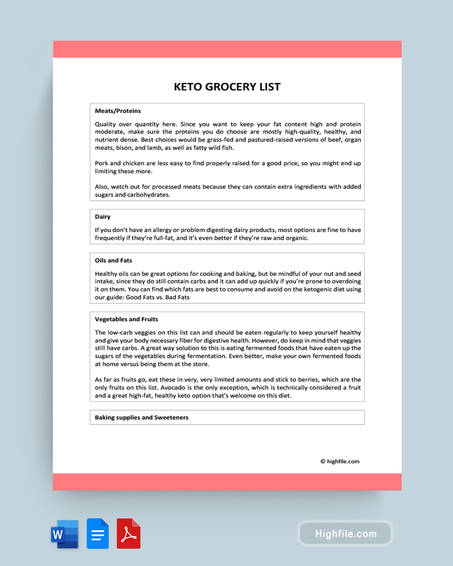 Keto Grocery List - Word, Google Docs, PDF