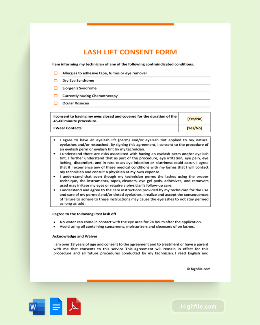 Lash Lift Consent Form - Word, Google Docs, PDF