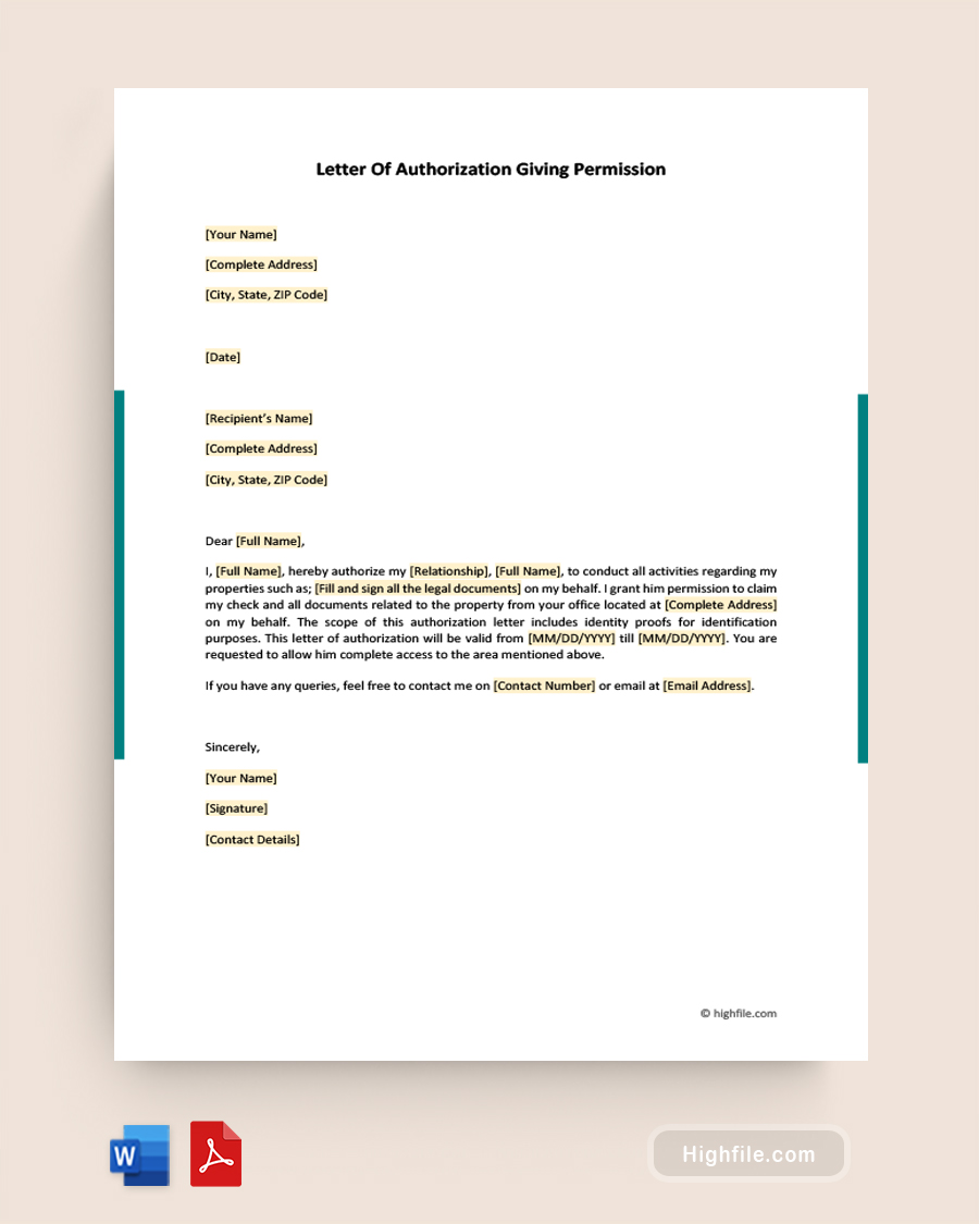 Letter of Authorization Giving Permission - Word, PDF