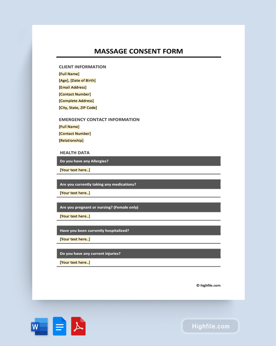 Massage Consent Form - Word, Google Docs, PDF
