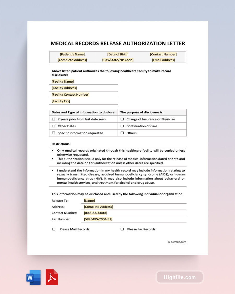Medical Records Release Authorization Form - Word, PDF