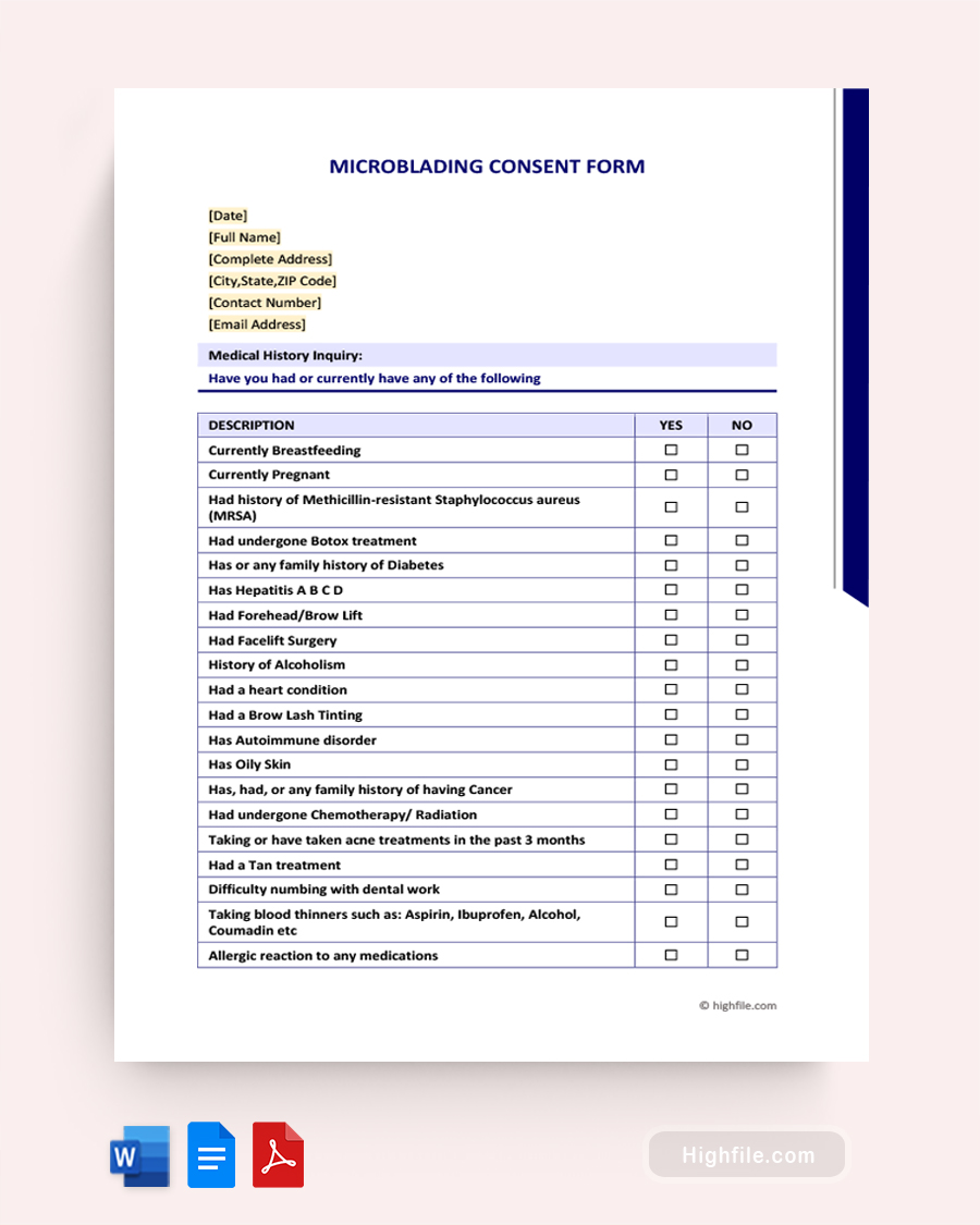 Microblading Consent Form - Word, Google Docs, PDF