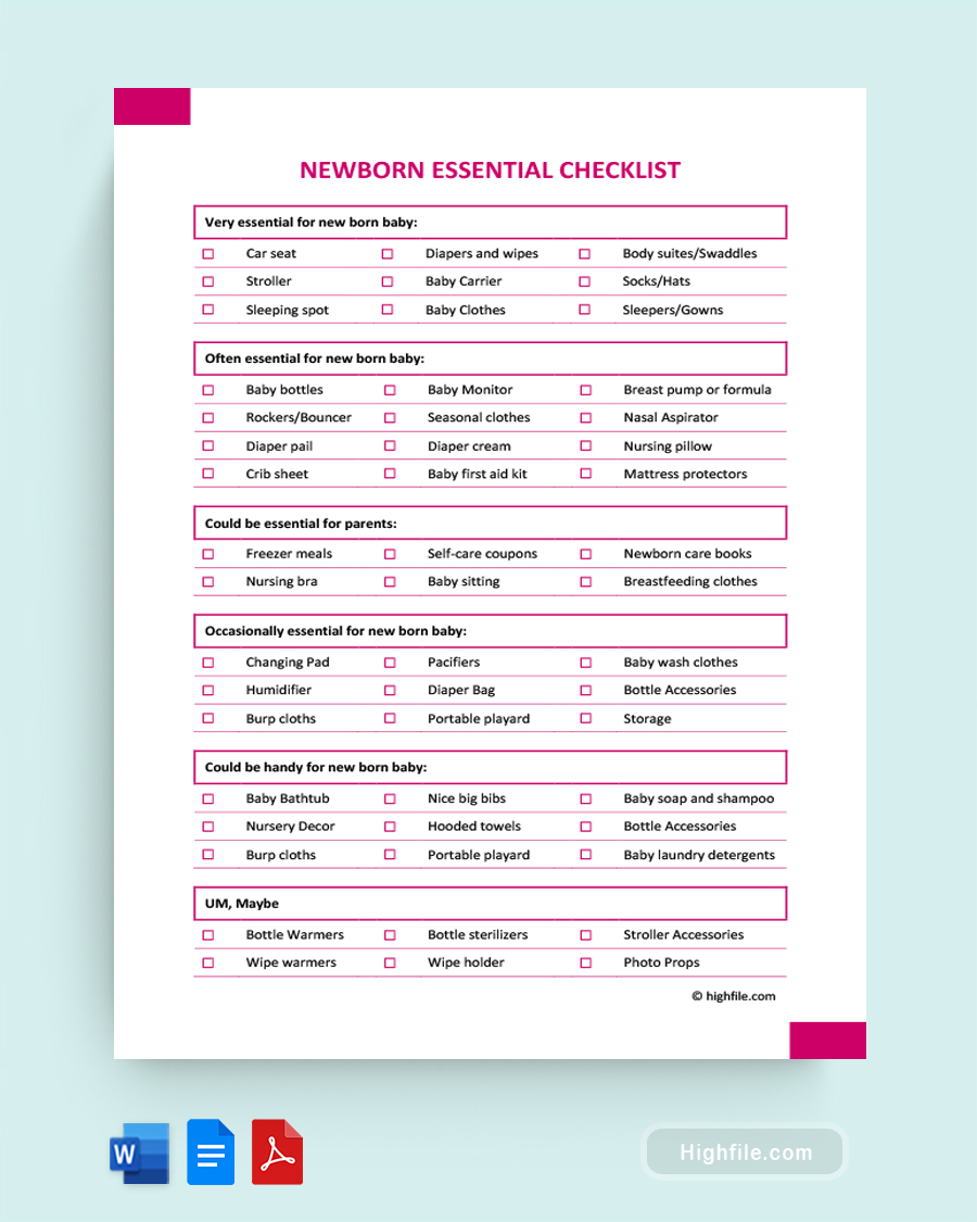 New Born Essential Checklist - Word, Google Docs, PDF