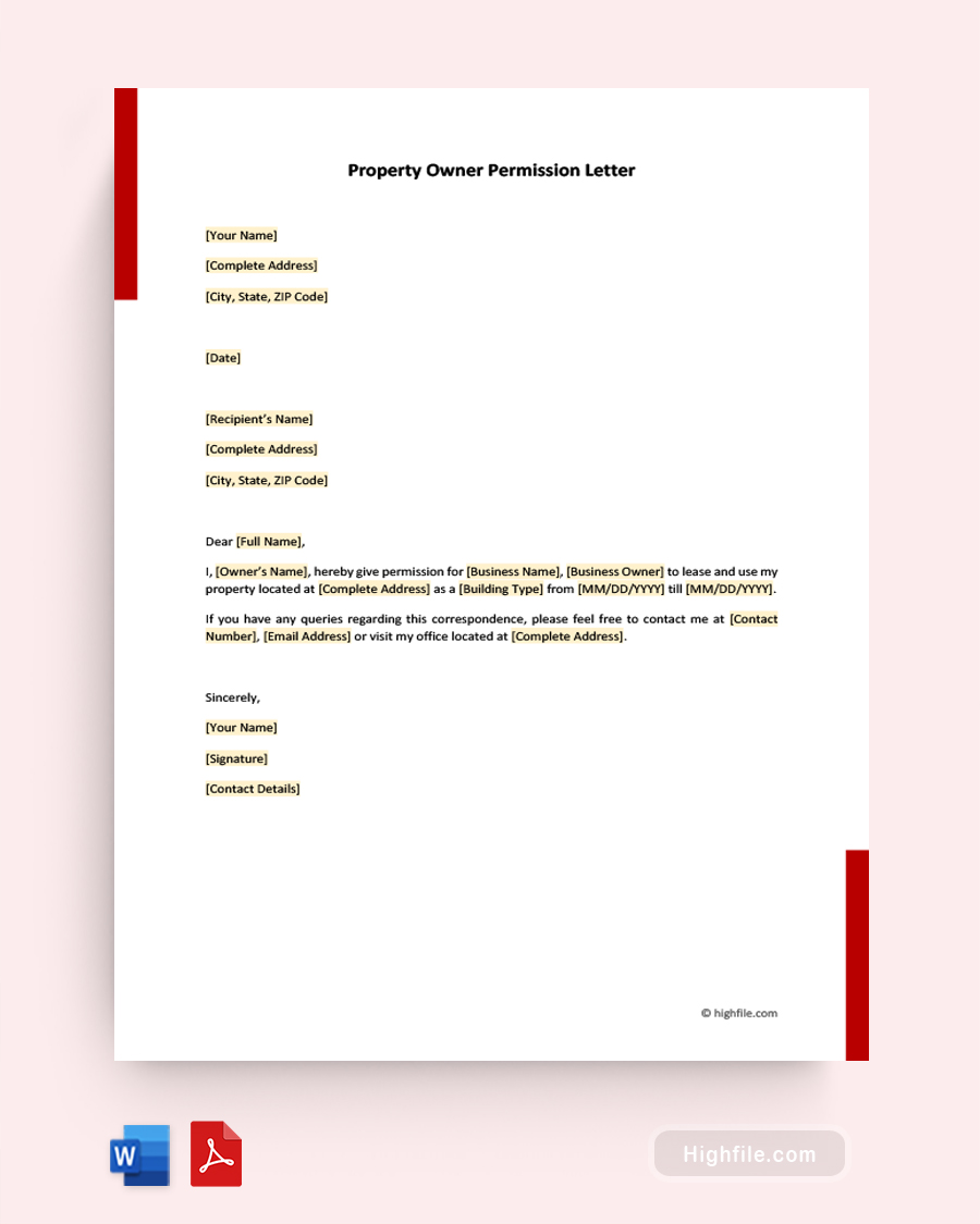 Permission Letter of Authorization from Property Owner - Word, PDF
