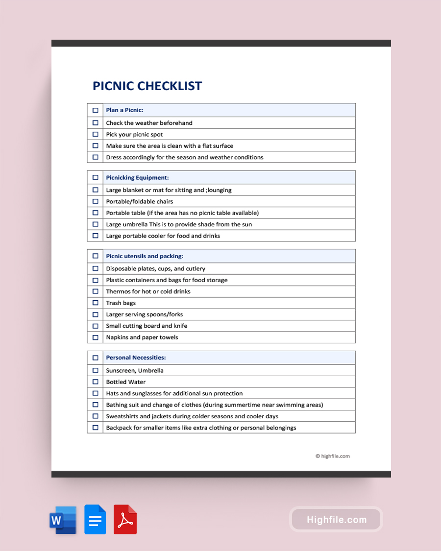 Picnic Checklist - Word, Google Docs, PDF