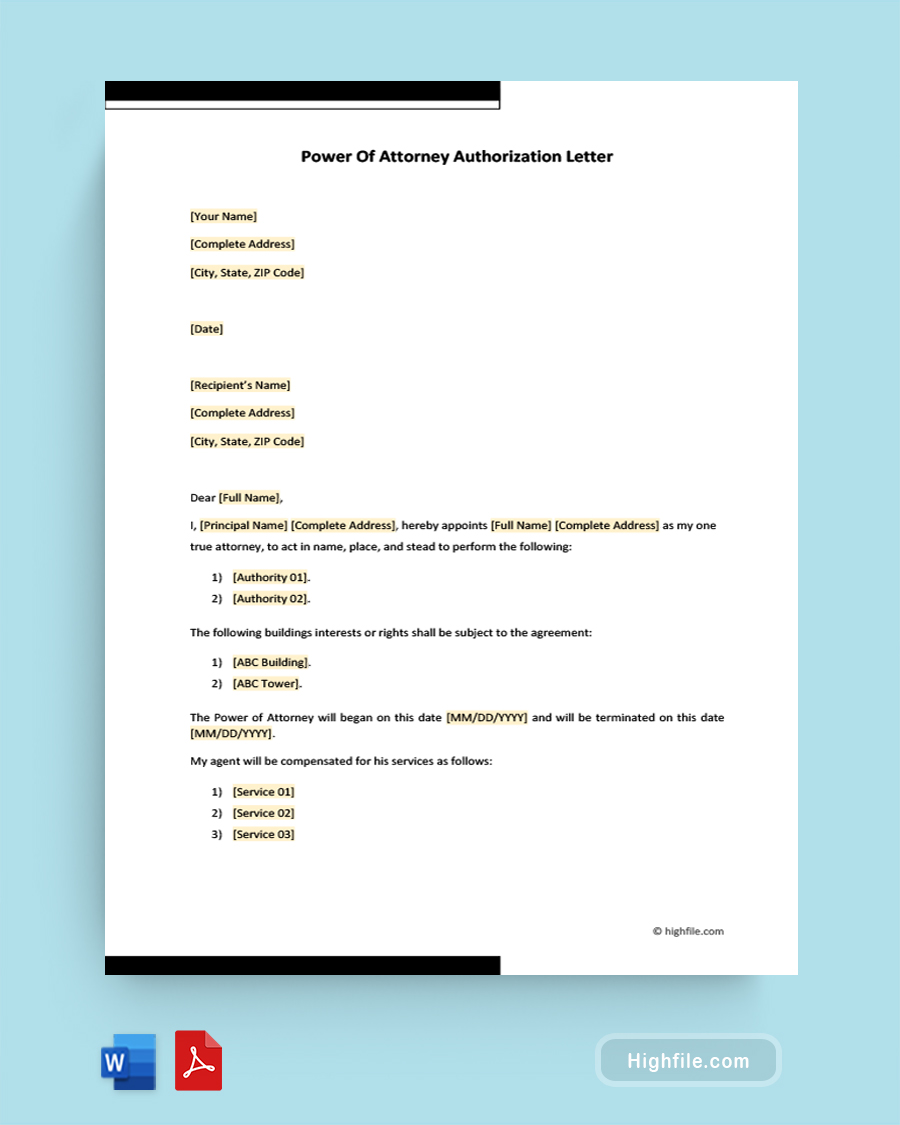 Power of Attorney Authorization Letter - Word, PDF