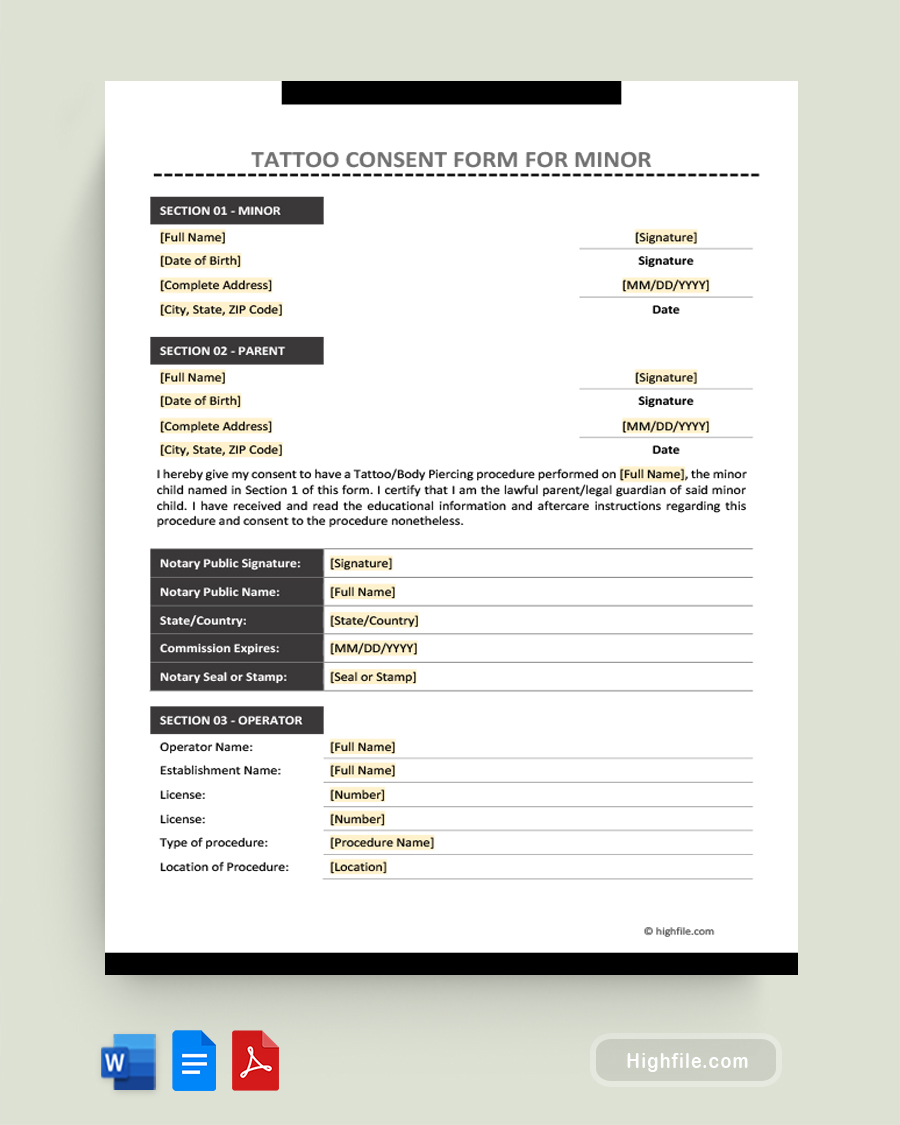 Tattoo Consent Form For Minor - Word, Google Docs, PDF