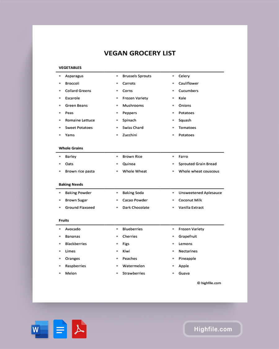 Vegan Grocery List - Word, Google Docs, PDF