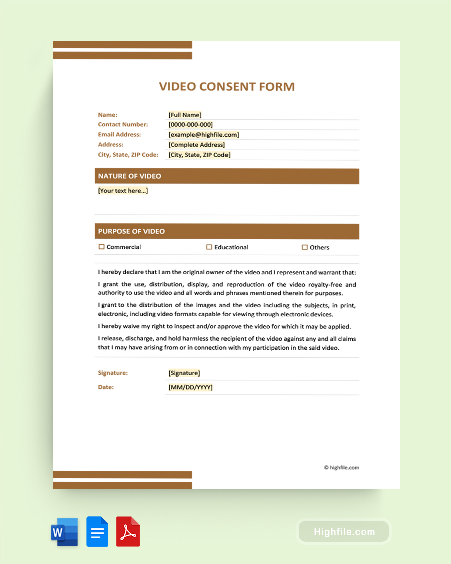 Video Consent Form - Word, Google Docs, PDF