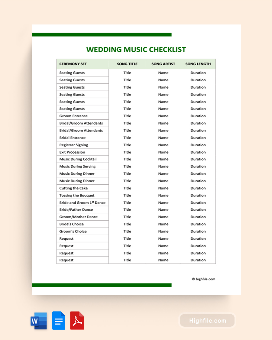 Wedding Music Checklist - Word, Google Docs, PDF