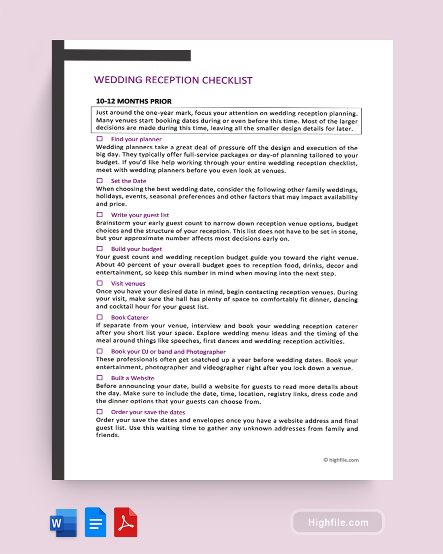 Wedding Reception Checklist - Word, Google Docs, PDF
