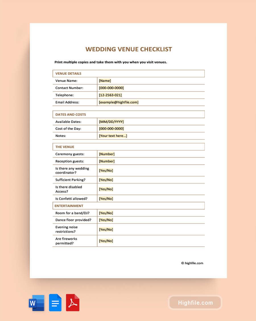 Wedding Venue Checklist - Word, Google Docs, PDF