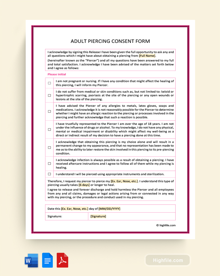Adult Piercing Consent Form - Word, PDF, Google Docs