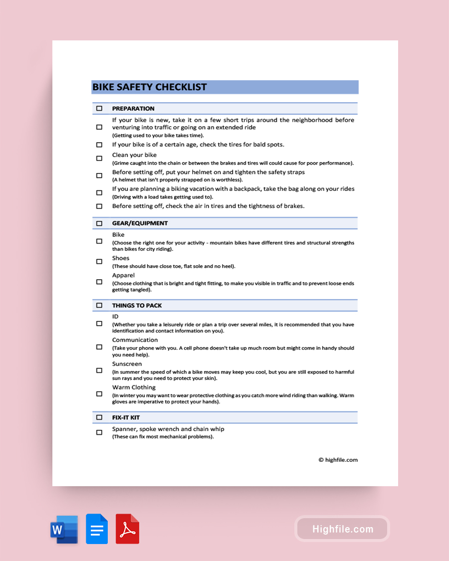 Bike Safety Checklist - Word, Google Docs, PDF