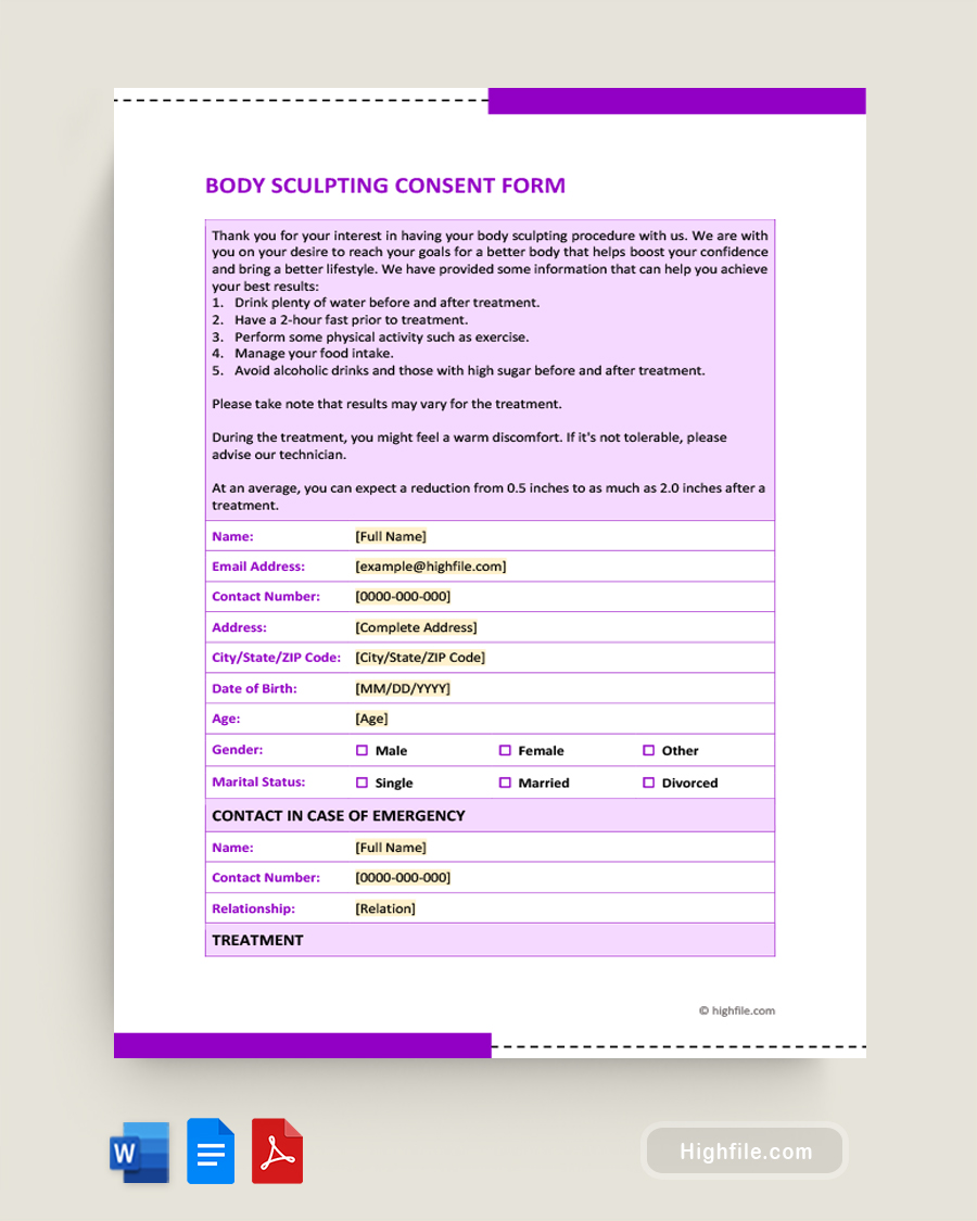 Body Sculpting Consent Form - Word, Google Docs, PDF