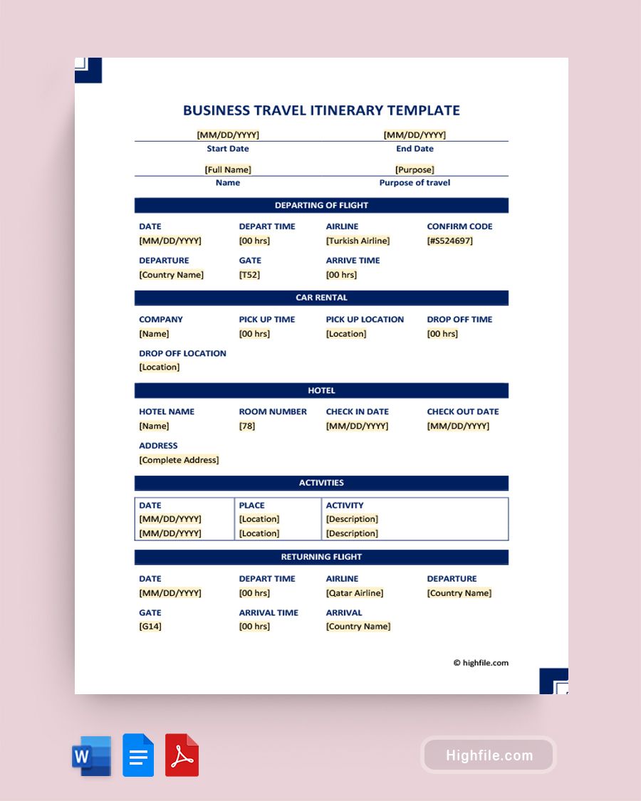 Business Travel Itinerary Template - Word, Google Docs, PDF