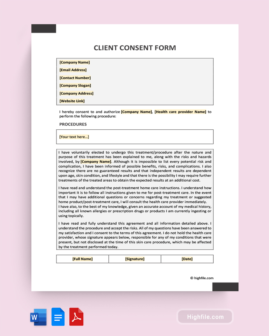 Client Consent Form - Word, Google Docs, PDF