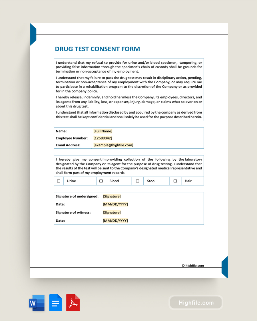 Drug Test Consent Form - Word, Google Docs, PDF