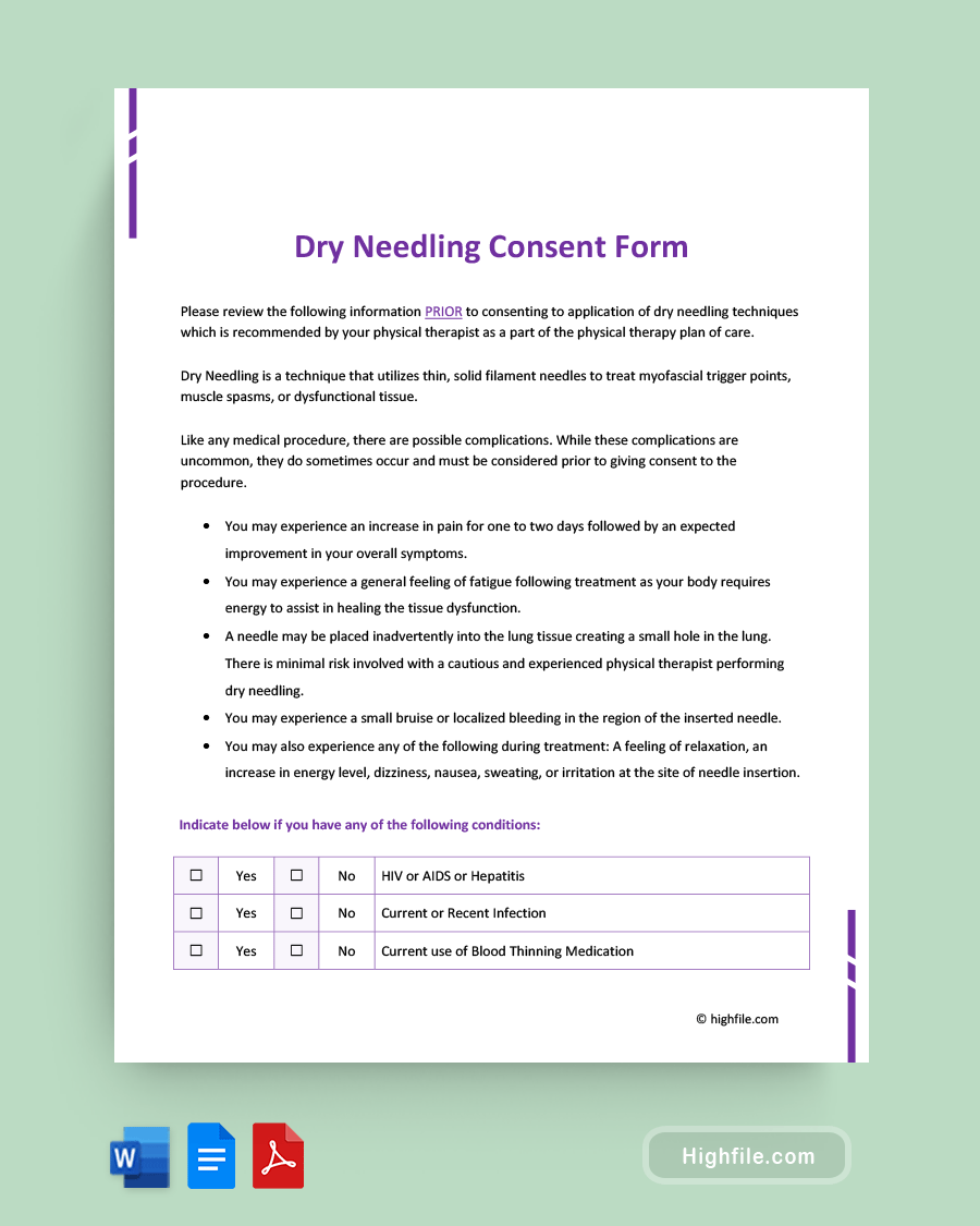 Dry Needling Consent Form - Word, PDF, Google Docs
