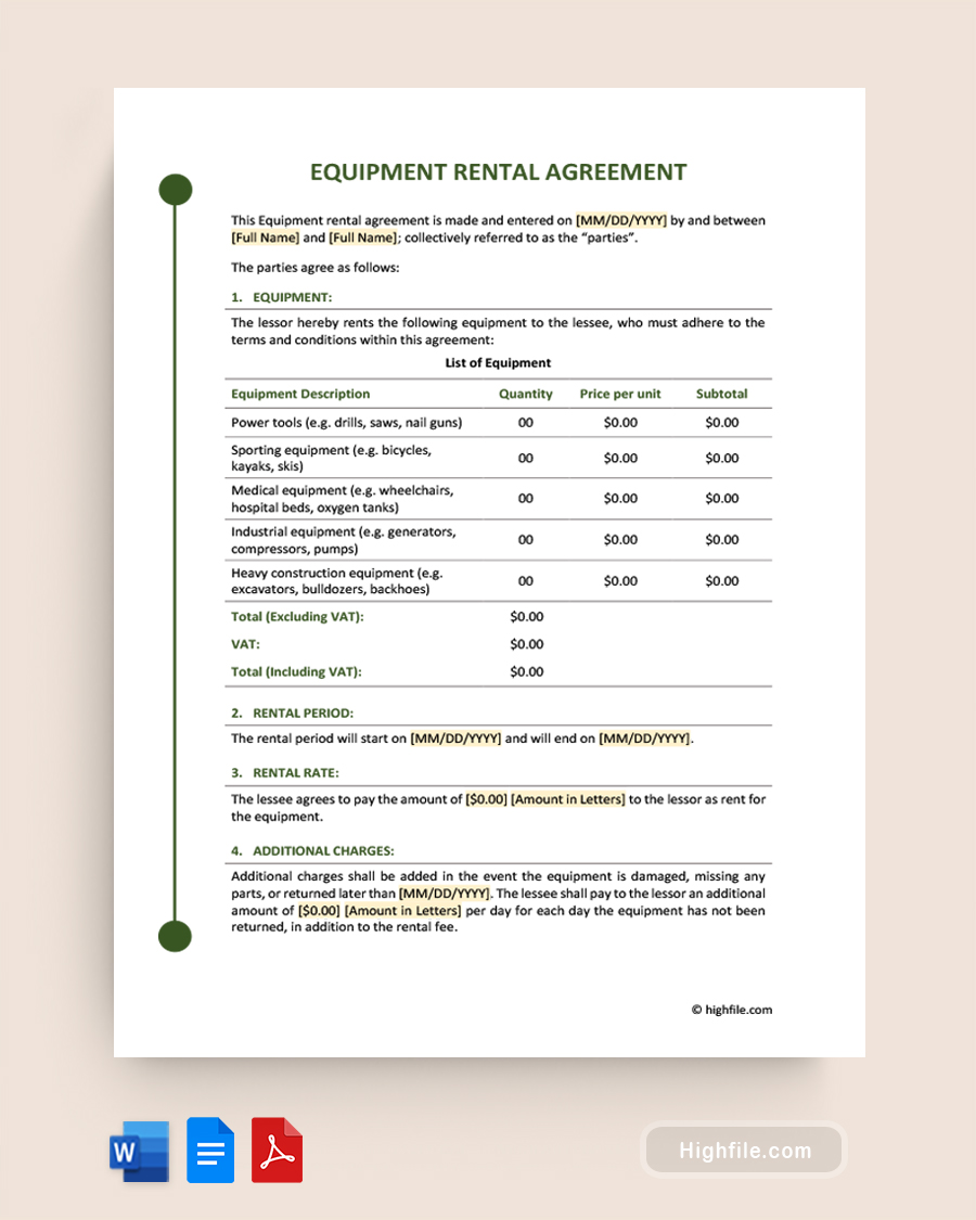Equipment Rental Agreement Template - Word, Google Docs, PDF