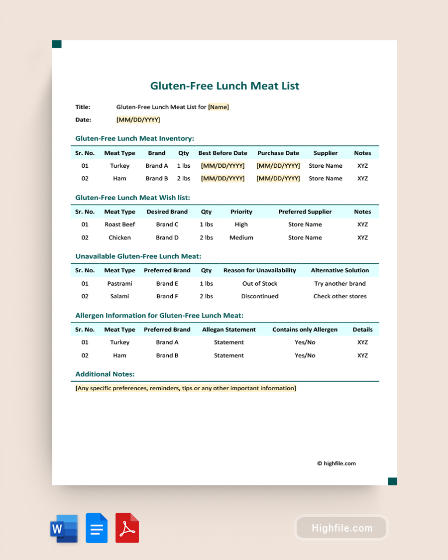 Gluten-Free Lunch Meat List Template - Word, PDF, Google Docs