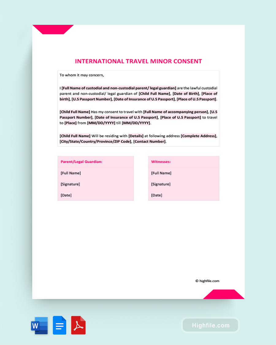 International Travel Minor Consent Form - Word, Google Docs, PDF