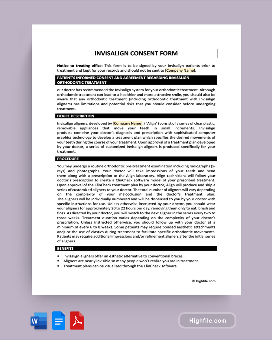 Invisalign Consent Form - Word, Google Docs, PDF