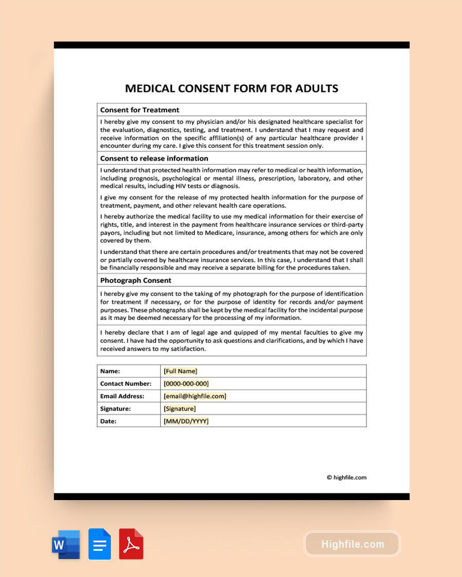 Medical Consent Form For Adults - Word, Google Docs, PDF