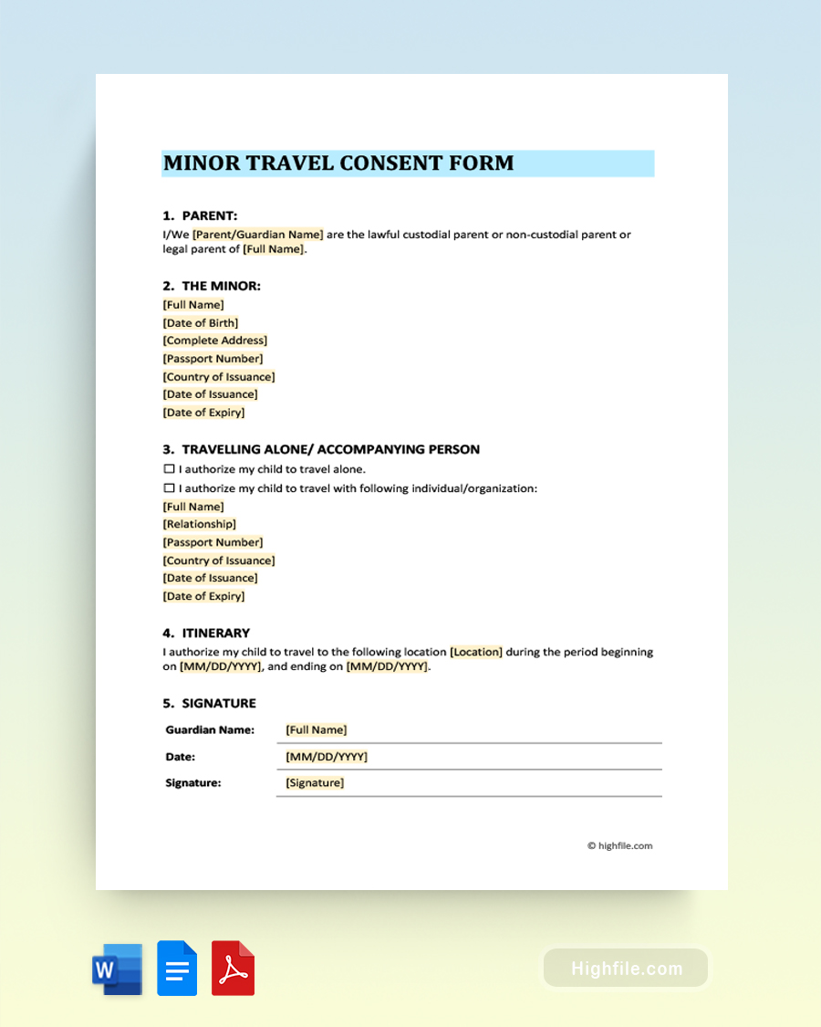 Minor Travel Consent Form - Word | PDF | Google Docs