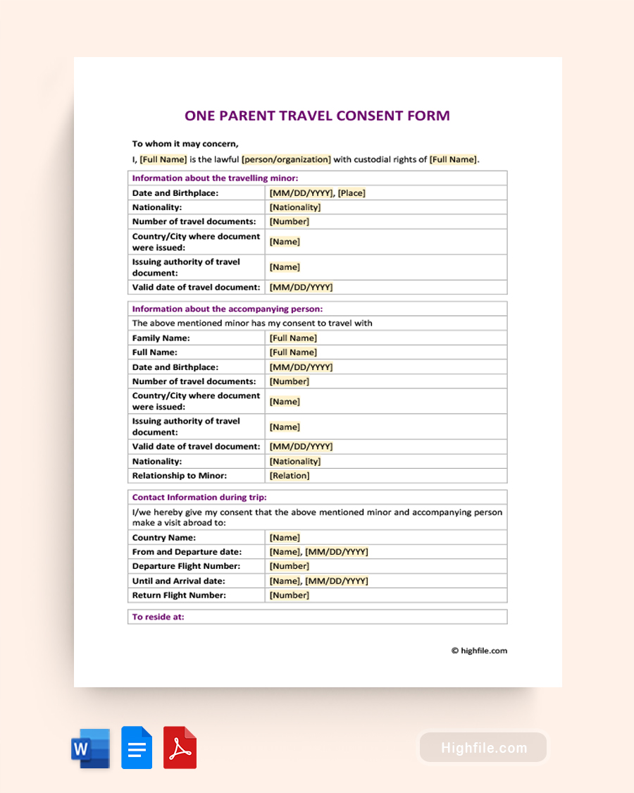 One Parent Travel Consent Form - Word, Google Docs, PDF