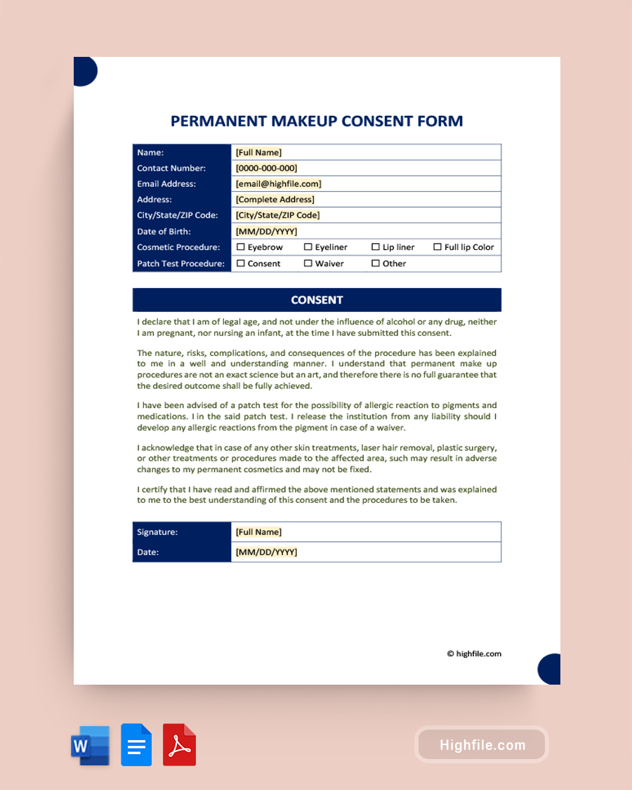Permanent Makeup Consent Form - Word, Google Docs, PDF